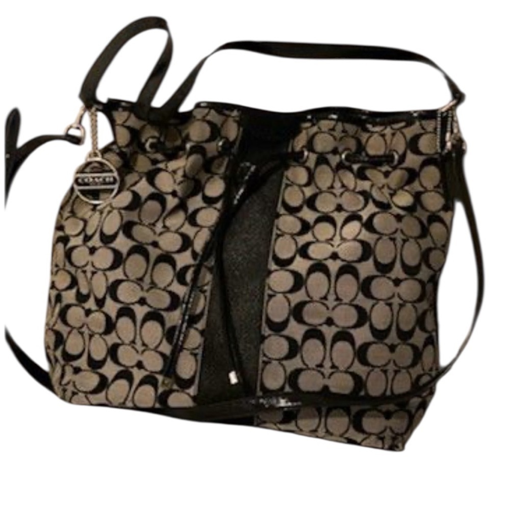 Coach Monogram Drawstring Removable Crossbody Shoulder Strap Bag Black and Gray - Picture 3 of 5